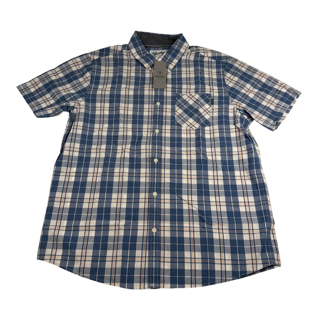 Hurley Mens Blue Plaid Slub Short Sleeve Button Down Shirt Large HMS22-03333 NEW
